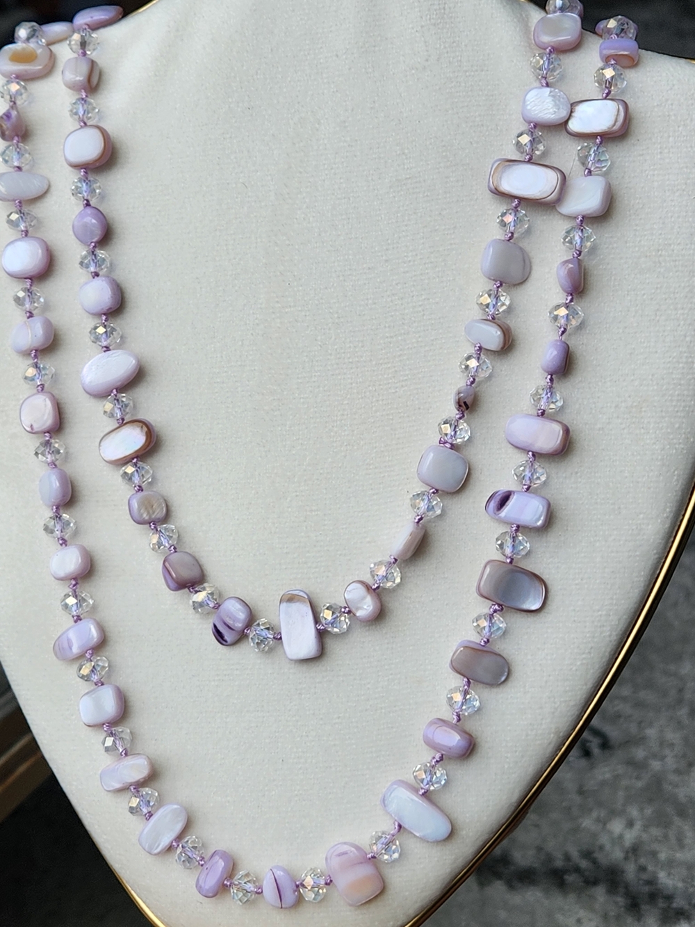 Artisan Lavender and Iridescent AB Beaded Extra Long Layered Necklace Hand Knot - Picture 1 of 5